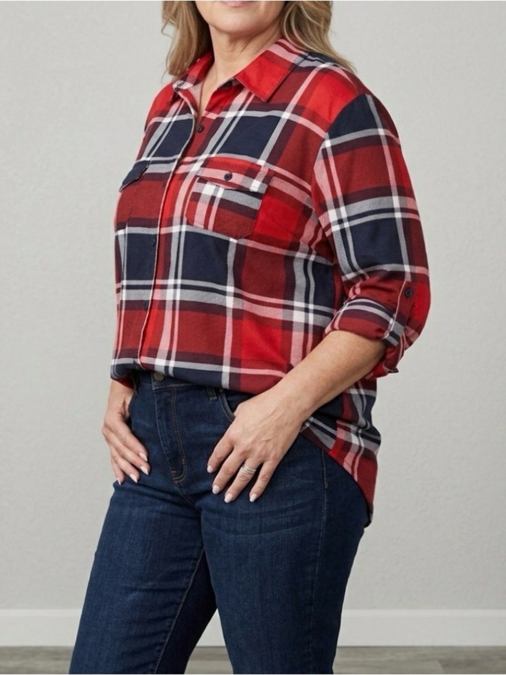 New York Laundry Plaid Button Down Top 2X Red Navy Blue Roll Tab Sleeve Blouse
